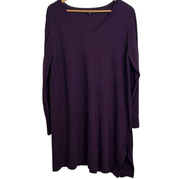 Eileen Fisher Size XL Purple 100% Merino Wool V-Neck Tunic Style Sweater Dress - Picture 1 of 5